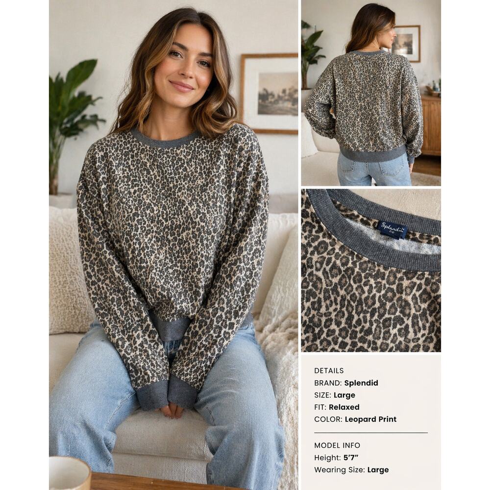 Splendid Leopard Print Sweatshirt Womens Large Gray Tan Crewneck Pullover